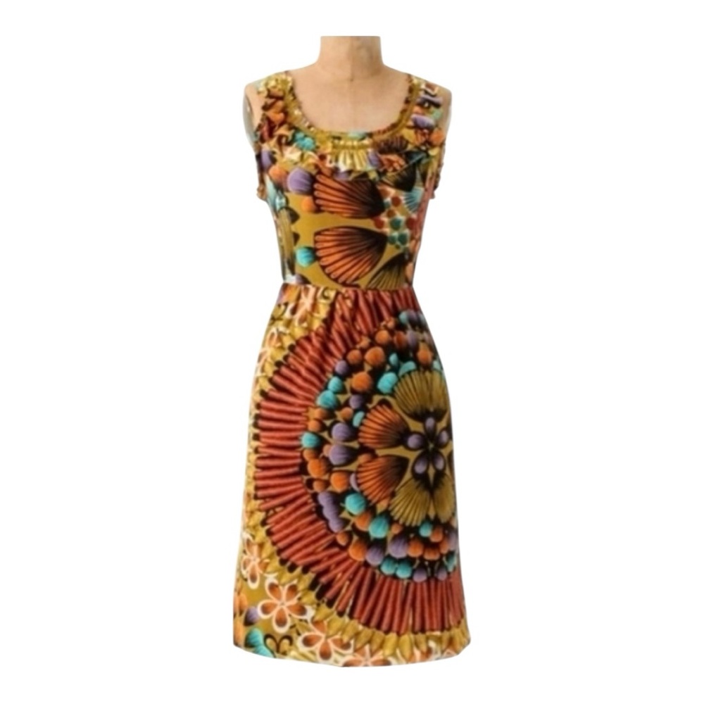 Anthropologie Edme & Esyllte silk ruffle peacock print dress size 6